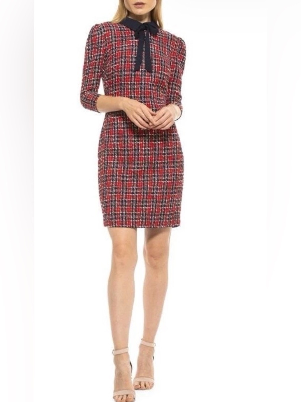 Alexia Admor Red and Navy Plaid Tweed Bow-Collar Dress size 6 # 1092